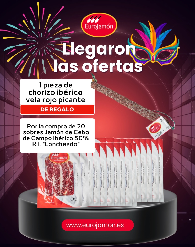 Jamón de Cebo de Campo Ibérico 50% R.I. "Loncheado" ¡Oferta! 20 Sobres + Chorizo Ibérico Vela Roja Picante